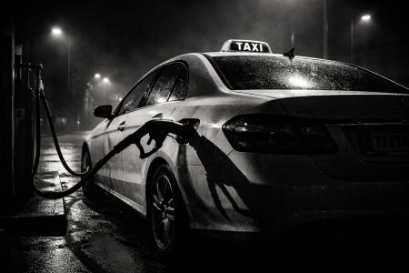 LVBTM Taxi tankt (im Regen / sw)